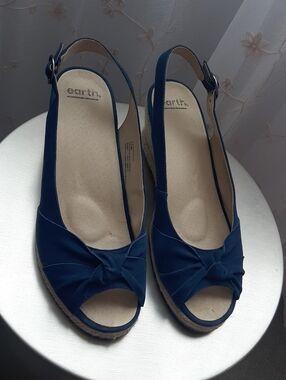 Earth Navy Knotted Peep-Toe Slingback Espadrille Wedges Sz 12